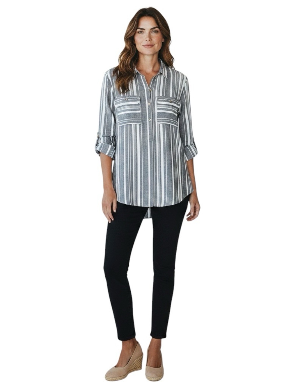 ELLEN TRACY Gray & White Stripe Button-Front Linen Shirt Size Large - Picture 10 of 10